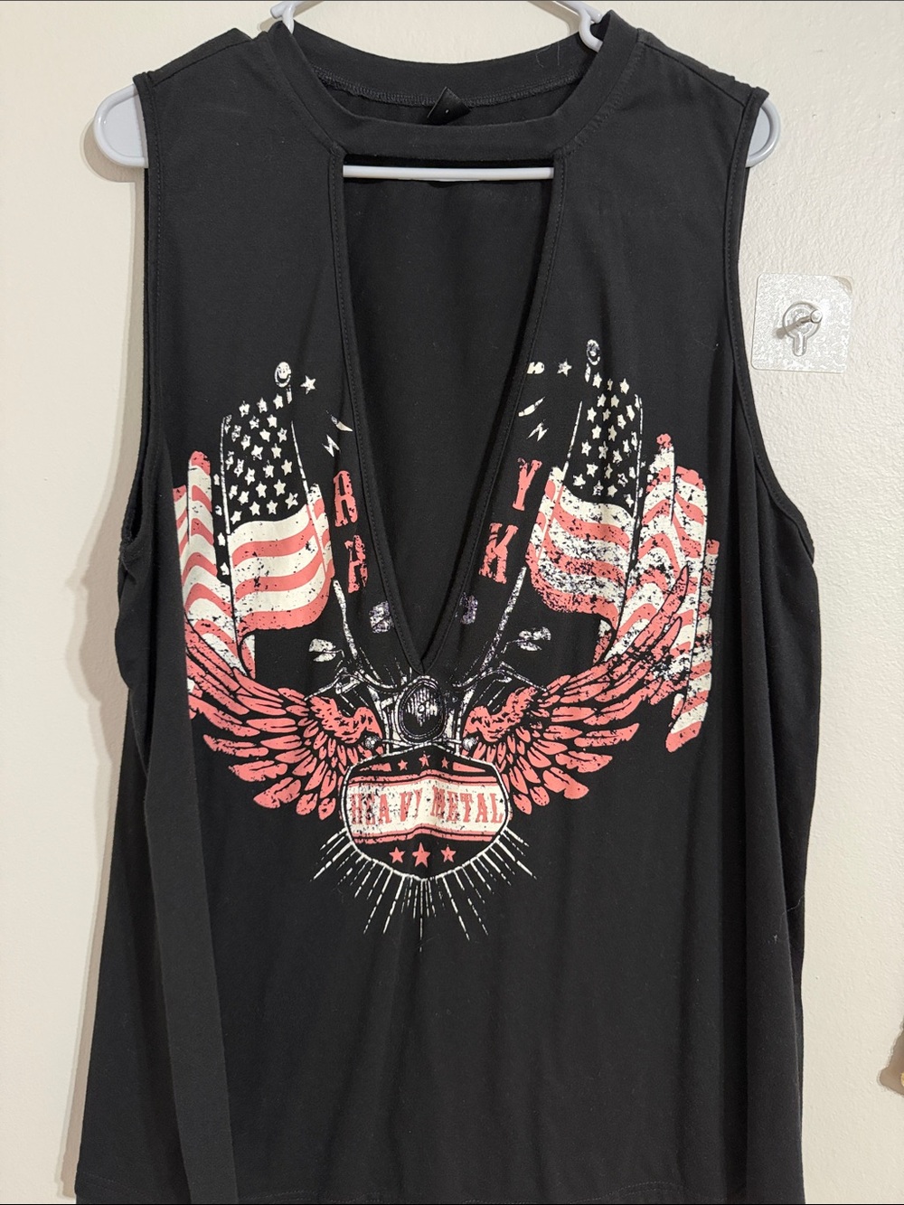 SHEIN Black Deep V-Neck Graphic Tank with Red & White Flag Wings